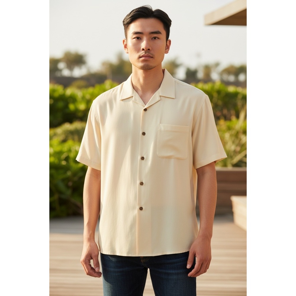 Tommy Bahama Mens Silk Camp Shirt Short Sleeve Beige‎ Herringbone Size XL